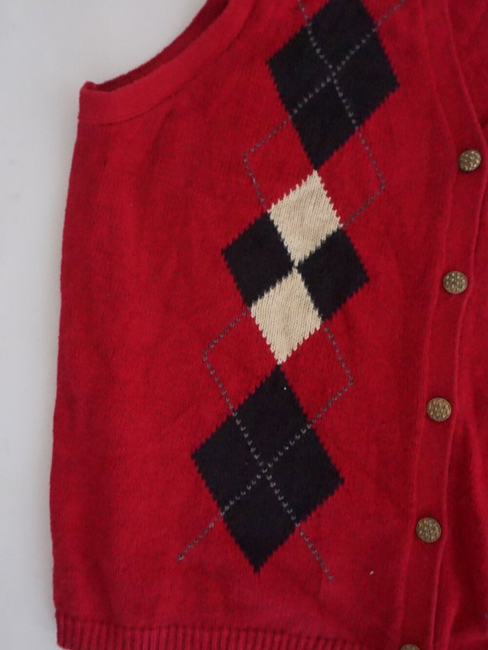 Vintage Sag Harbor Red Argyle Diamond Button V Neck Ribbed Knit Sweater Vest L - Picture 7 of 9